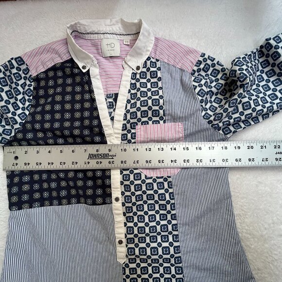 HD In Paris Womens Patchwork Shirt Size 4 Blue Pink Cotton Long Sleeve Button-Up - Picture 6 of 8
